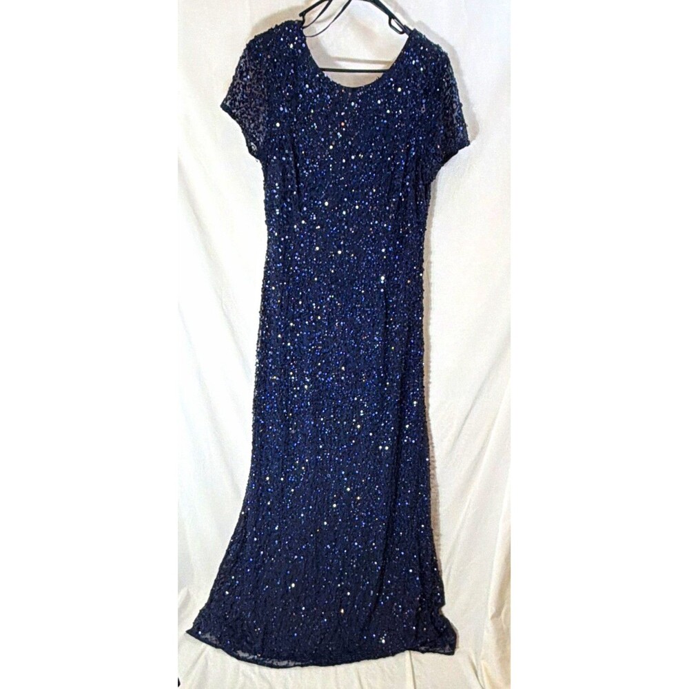 Adrianna Papell Blue Sequin Mesh Fit & Flare Long Dress Scoop Neck 14